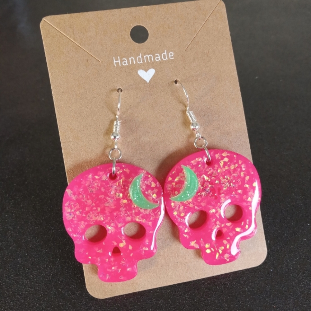 Neon pink faux opal skulls dangle earrings with green moons glitter NEW